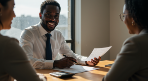 Professional tax preparer in white shirt and tie smiling while holding tax documents during a consultation meeting with clients in a modern office setting.
