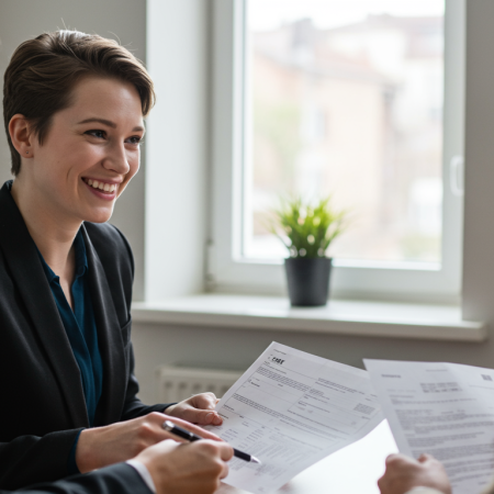 Smiling tax professional explaining how do my taxes work to clients during consultation, holding tax forms and documents in bright modern office setting"